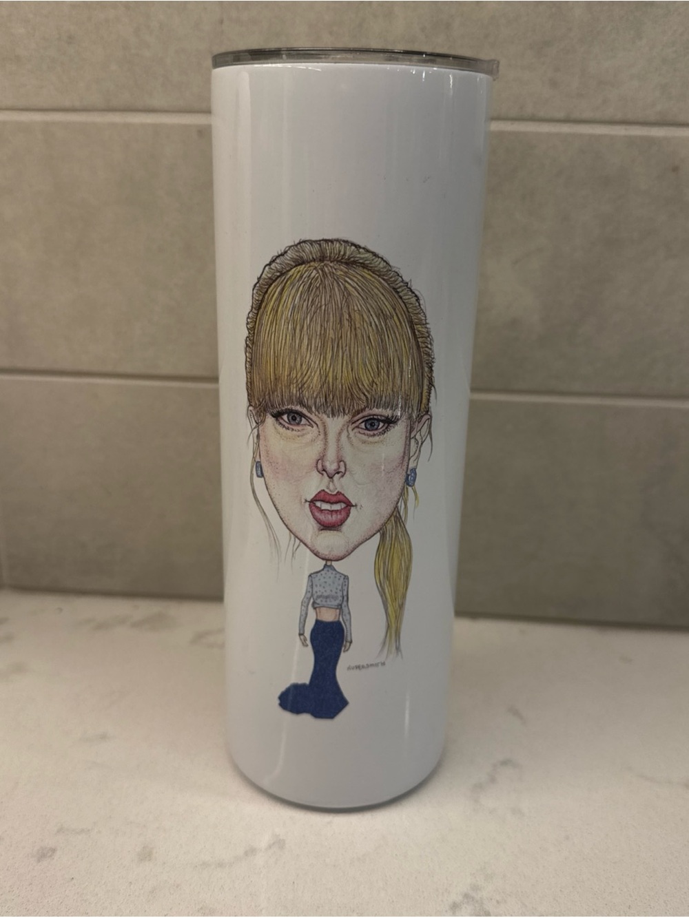 White Taylor Swift Caricature Tall Tumbler metal TS - Illustration with lid